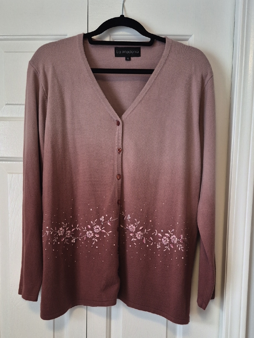 Vintage Mauve to Rose Ombre Cardigan with Floral Embroidered Hem